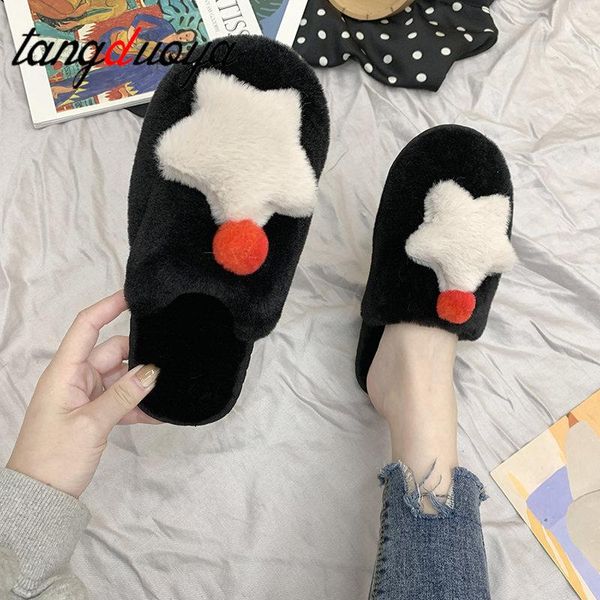 

slippers winter womens home pentagram fur woman indoor household slipper warm shoes waterproof slides zapatos mujer, Black