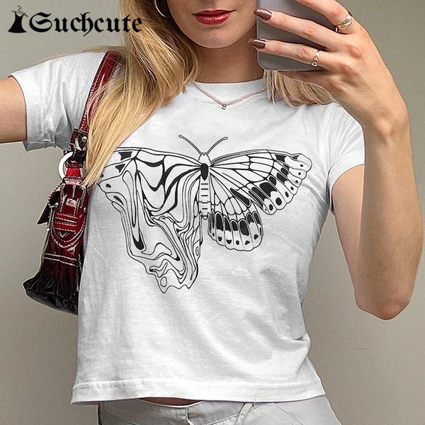 

women's t-shirt suchcute vintage butterfly printed summer t-shirts women o neck korean casual cropped 90s streetwear short sleeve t, White