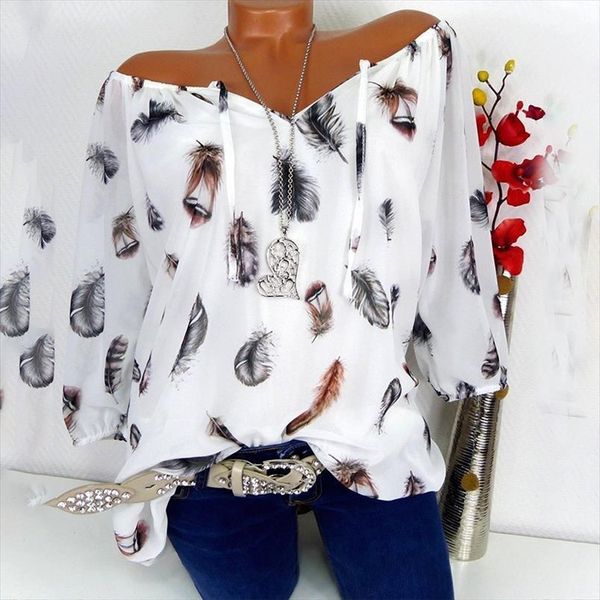 

and oversize feather printed women shirts loose half sleeve chiffon clothing, White