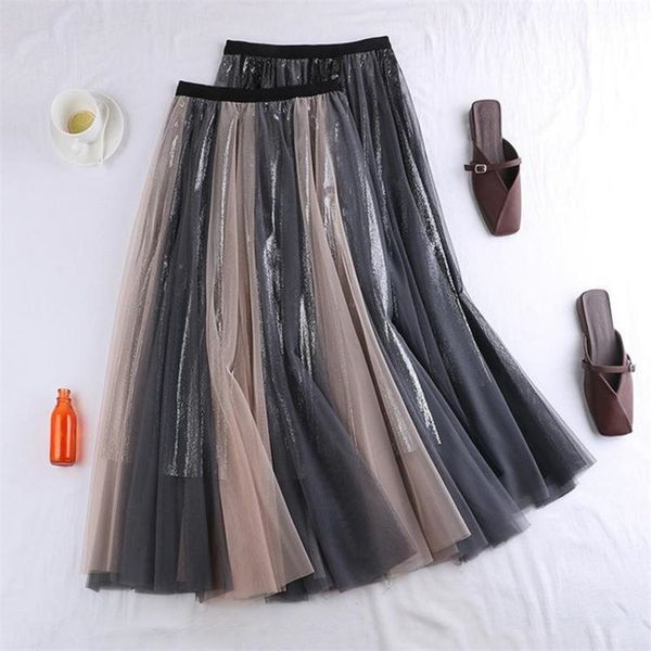 

spring and summer casual contrast color mesh skirt female stitching sequins big swing yarn 210527, Black