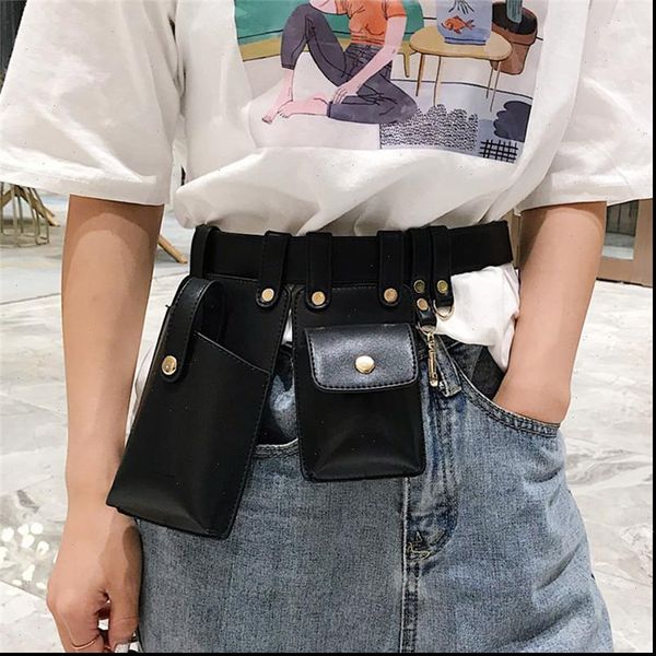 

punk style dual pouch belt waist bag keychain pu leather fashion fanny pack letter print design stylish
