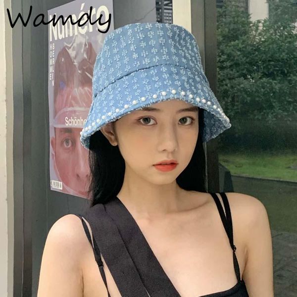

wide brim hats foldable fisherman hat washed denim pearl bucket women fashion bob caps hip hop gorros men panama cap 2021, Blue;gray