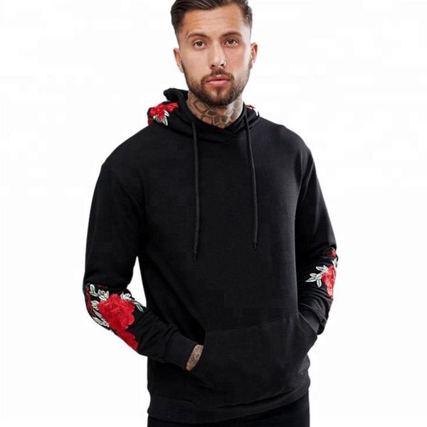 

men's hoodies & sweatshirts street style custom heavy embroidered flower for men, Black