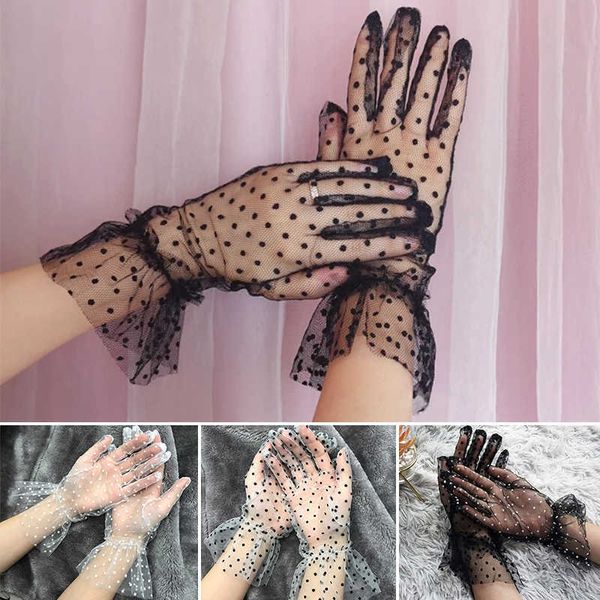 

women summer lace gloves mesh hollow breathable sunscreen paragraph ladies elasticity transparent gloves y0827, Blue;gray