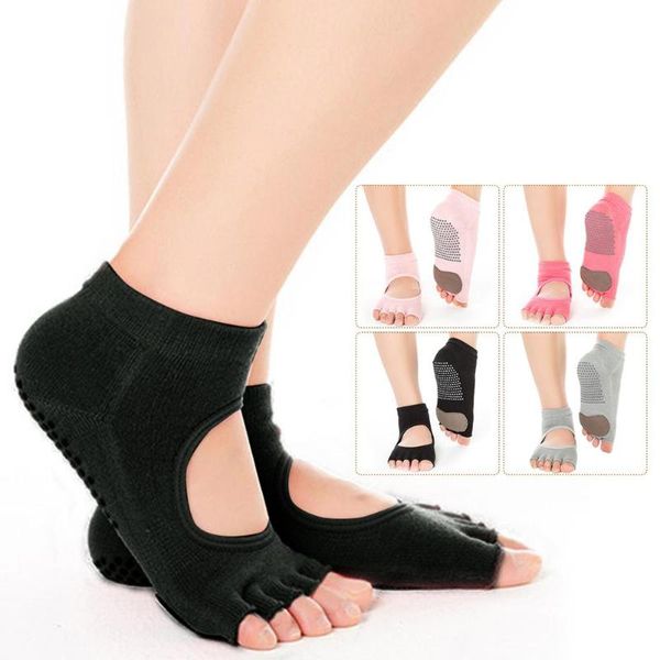 

sports socks women yoga backless five toe anti-slip ankle grip dots pilates fitness gym ladies for ballet dance, Black
