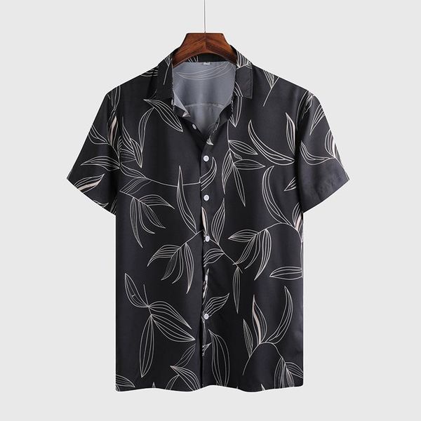 

summer leaf print black short-sleeved men's shirt beach casual shirts, White;black