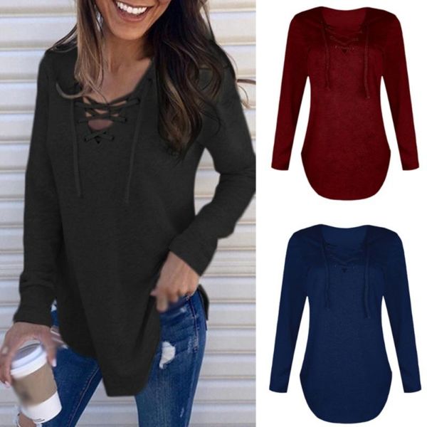 

women's t-shirt casual hollow out bandage v neck long sleeve solid tee shirt pulovers tunic female clothing 2021 autumn, White