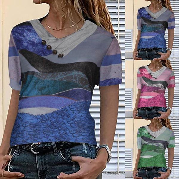 

women cross v-neck buttons printing t-shirts summer casual short sleeve blusas vintage pullover camiseta feminina women's t-shirt, White