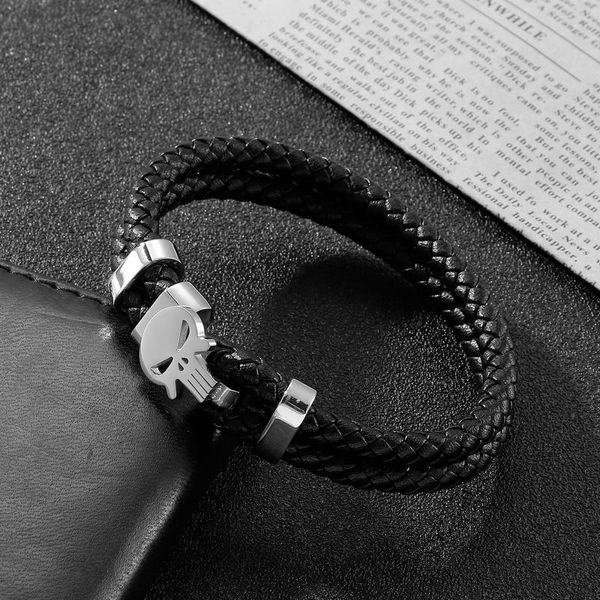 

charm bracelets haoyi trendy double-layer braided leather bracelet men's tri-color skull punk jewelry, Golden;silver