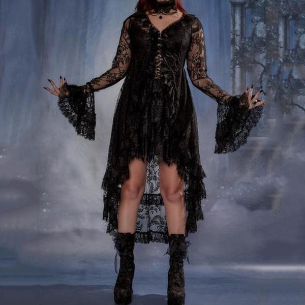 

casual dresses gothic fashion design solid color lace women's dress autumn 2021 puttee irregular v-neck flared sleeves perspective, Black;gray