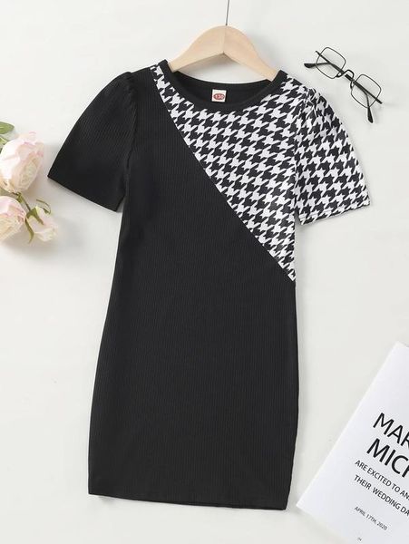 

girls houndstooth puff sleeve dress she, Red;yellow