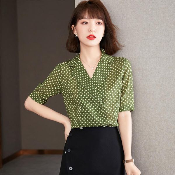 

women's blouses & shirts blouse 2021 summer green polka dot shirt women lapel retro short sleeve, White