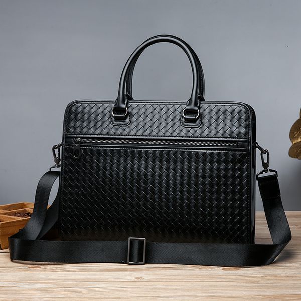 

briefcase men's business handbag leather woven one shoulder messenger bag