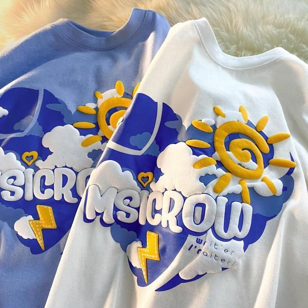

women's t-shirt high-quality sweet blue sky and white clouds short-sleeved three-dimensional foaming loose summer shirt