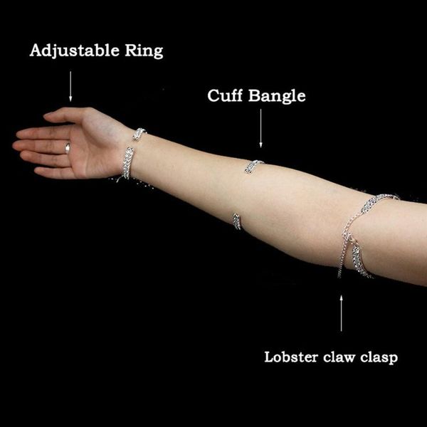 

link, chain women statement glitter rhinestone arm cuff armlet bracelet ring wedding bridal hand bangle belly dance jewelry, Black