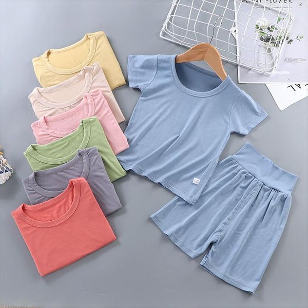 

children pajamas set for baby girls and boys shirt high waist shorts soft modal kids suit summer thin home clothes, White