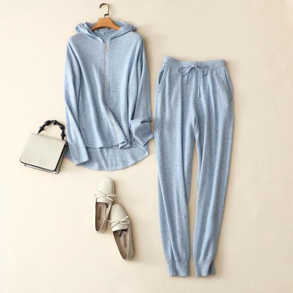 

100% cashmere zip hooded cardigan plus women pants 2 piece set women's two, White
