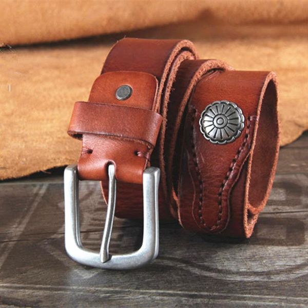 

belts 3.8cm rivet belt full grain cowhide jeans vintage handmade men's leather classic casual designer ceinture homme strap, Black;brown