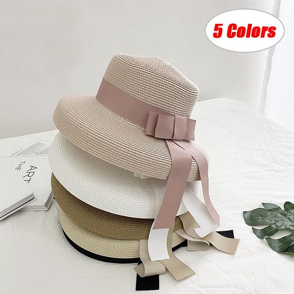 

wide brim hats women summer knit straw hat fashion casual beach sun sunscreen block uv protection panama bow cap, Blue;gray