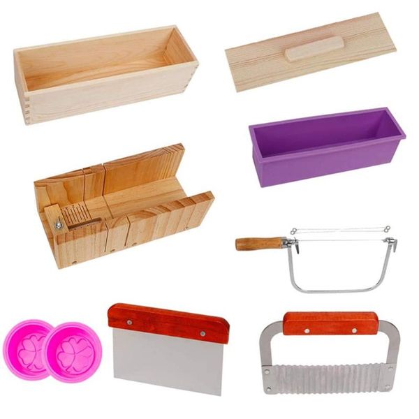

craft tools 9pcs silicone soap molds kit,rectangular wooden mold cutter slicerhandmade diy for cake making
