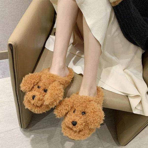 

eu36-41 girl slippers dog long plush warm winter anti-slip mute indoor home decor big size, Black