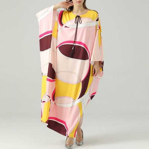 

casual dresses 2021 summer 100% silk long dress women fashion designer butterfly sleeve belt printed loose party robe gown, Black;gray