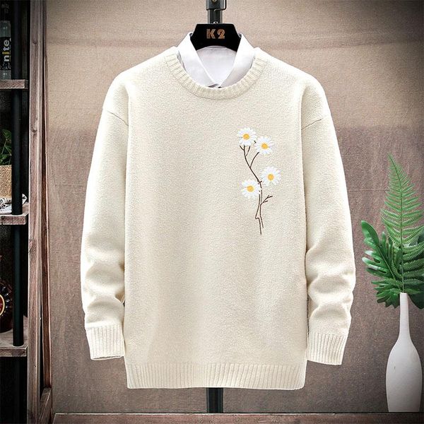 

men's sweaters brand sweater men fashion casual solid color cotton knitwear trend hip hop flower embroidery pullovers winter male, White;black
