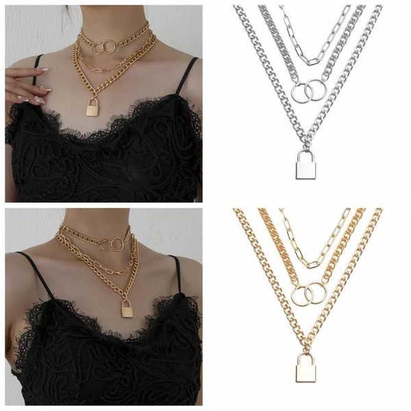 

chains women mens charm lock pendant hip hop stainless steel bib choker rock punk necklace dark gothic 3-layer, Silver