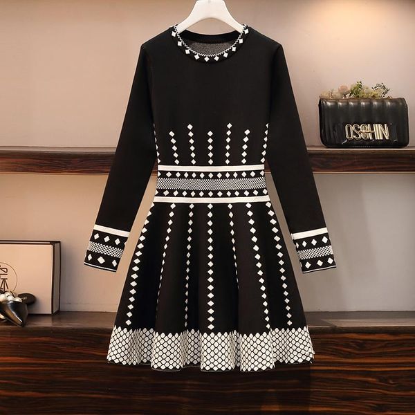 

casual dresses arrival spring autumn runway women's sweet knitted female luxury jacquard vestido, Black;gray