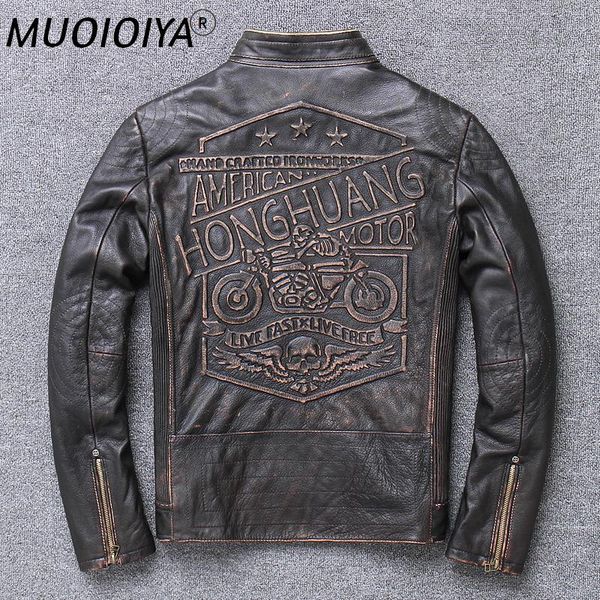 

men's leather & faux genuine motorcycle jacket men's layer cowhide coat, Black