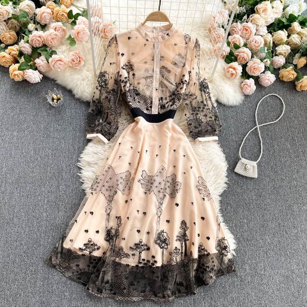 

party dresses mesh embroidery runway dress women half sleeve o neck summer fashion elegant a-line, White;black