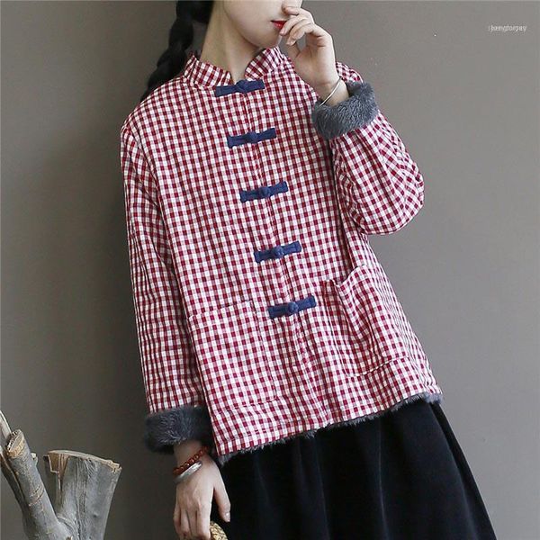 

nefeilike plaid parkas for women stand chinese style coats winter button fleece cloths cotton coats1, Black