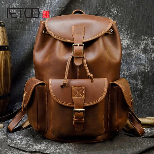 

backpack aetoo men's leather backpack, leisure travel bag, crazy horse fashion