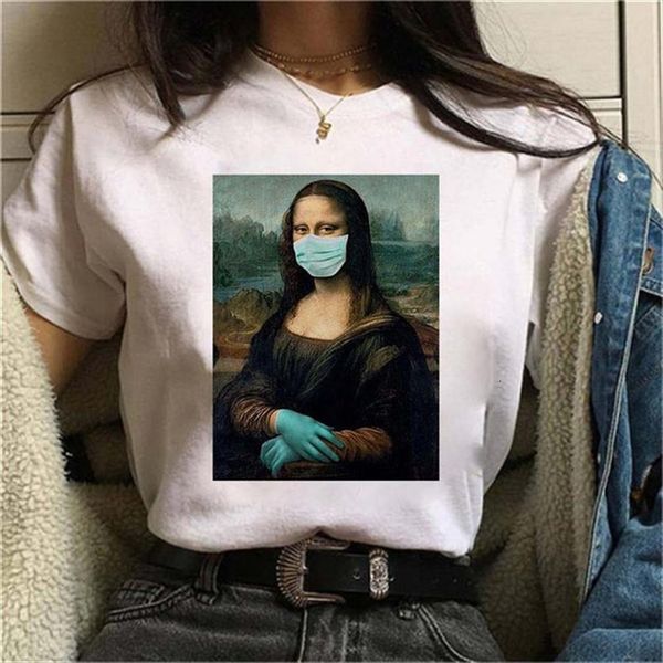 

spoof mona lisa mask women personality fashion summer harajuku aesthetics short sleeve white female