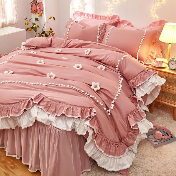 

bedding sets sweet princess style cotton 3d flowers decor ruffle home set soft 4 pcs b20