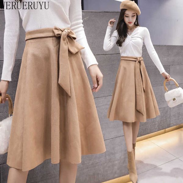 

werueruyu long skirt women fall winter korean velvet high waist casual loose office lady clothes plus size midi skirt 210608, Black