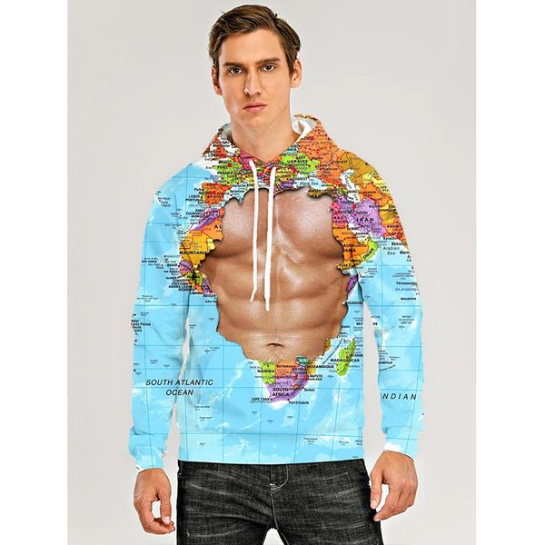 

world map pattern men's 3d printing hoodie visual impact party punk gothic round neck american sweatshirt hoodie, Black