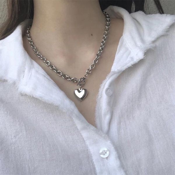 

pendant necklaces 2021 trend punk alloy big heart clavicle necklace fashion women ot buckle thick chain metal jewelry gift, Silver