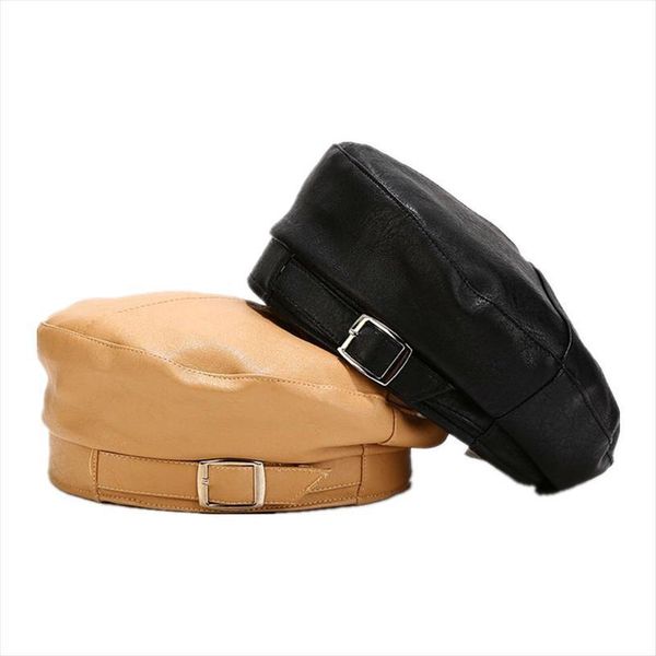 

four seasons solid leather buckle beret painter hat octagonal women and girl 06, Blue;gray