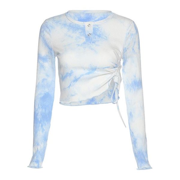 

women's t-shirt autumn blue gradient print pleated slim long-sleeved women, White