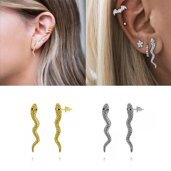 

sterling silver personalized piercing pendientes serpiente mini studing earrings for women anniversary fine jewelry earring stud, Golden;silver
