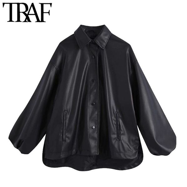 

traf women fashion faux leather oversized asymmetric jacket coat vintage lantern sleeve female outerwear chic 210415, Black;brown