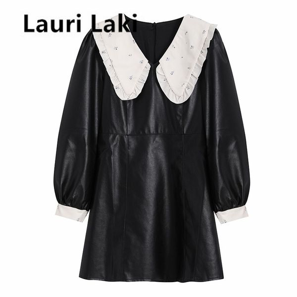 

lauri laki pu leather black party dress women elegant vintage mini puff sleeve dress autumn 2021 bodycon bandage floral dress, Black;gray