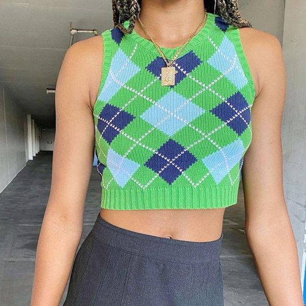 

women's tanks & camis aries plaid knitted sweater vest female preppy style spring streetwear knitwear casual tank basic t shirts, White