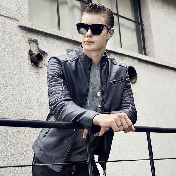 

round neck zipper stitching motorcycle wind men's leather jacket high-quality stand-up collar retro comfortable windproof fashion trave, Black