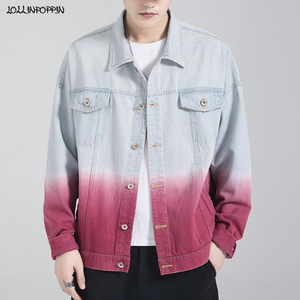 

men's jackets gradient color men color-blocking denim jacket drop shoulder mens loose jean turn down collar hip hop man coat, Black;brown