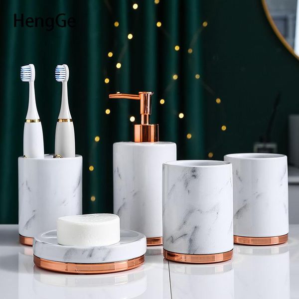 

bath accessory set luxury ceramics restroom wash five piece marble texture craft toothbrushing rack soap box bathroom decoration accessories
