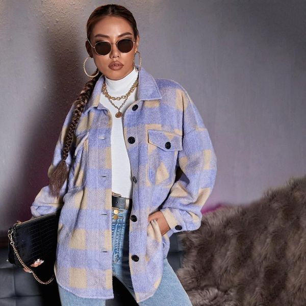 

women's jackets 2021 autumn winter women jacket purple lattice single breasted lapel long sleeve fashion casual pocket womens, Black;brown
