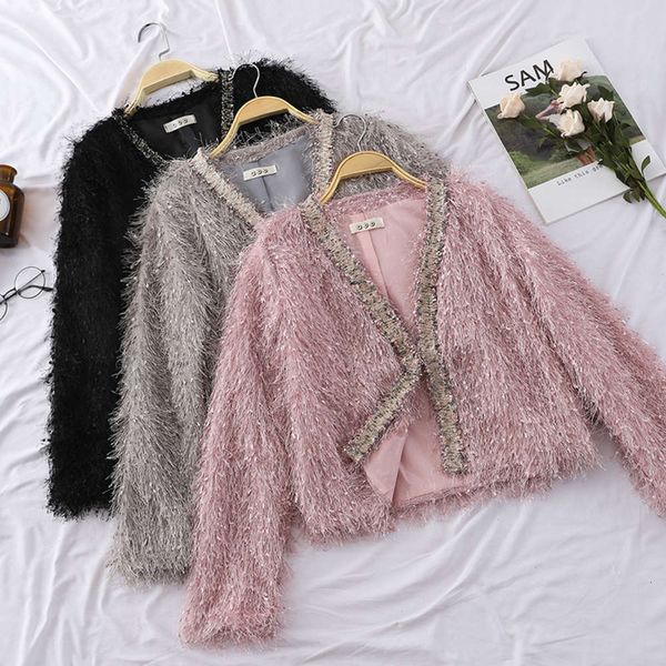 

autumn and winter fashion temperament v-neck wool tassel cardigan long sleeve short coat top, Black;brown