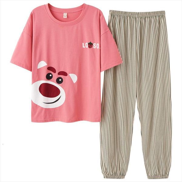 

pink clothes cartoon the bear womens sleepwears print short sleeve long pants home cotton night set necking, Black;red